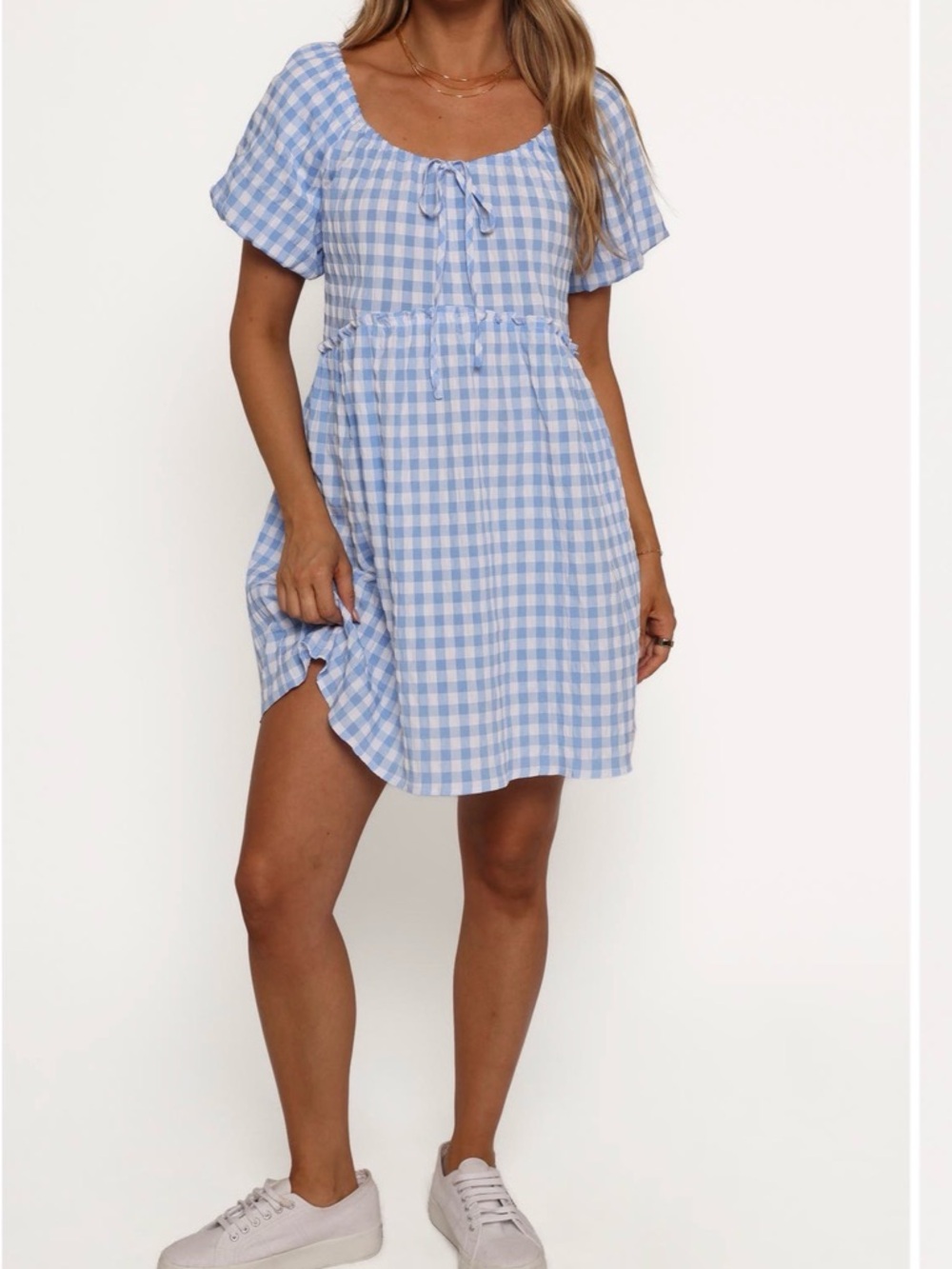 Blue Gingham Scoop-Neck Mini Dress